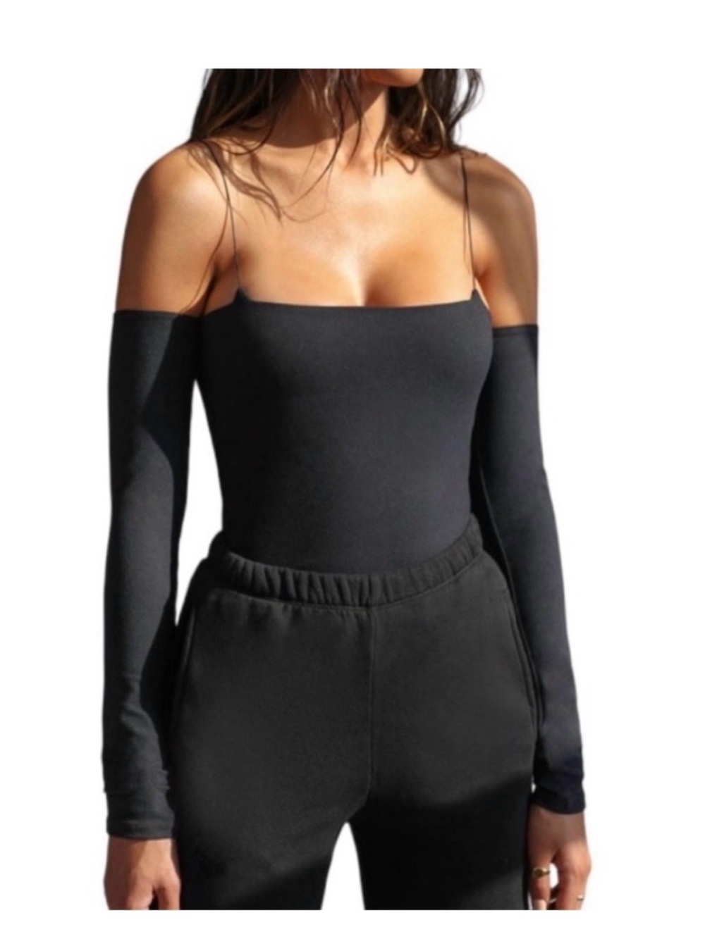 Joah Brown Black Off-Shoulder Long Sleeve Top